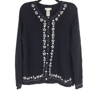 Yarnworks Cardigan Button Front Sweater Floral Embroidered Black White Medium
